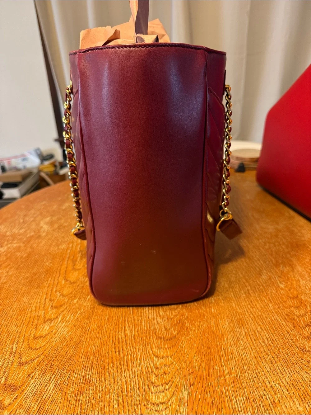 Tory Burch Burgundy Quilted Chevron Tote with Gold Chain Handles
